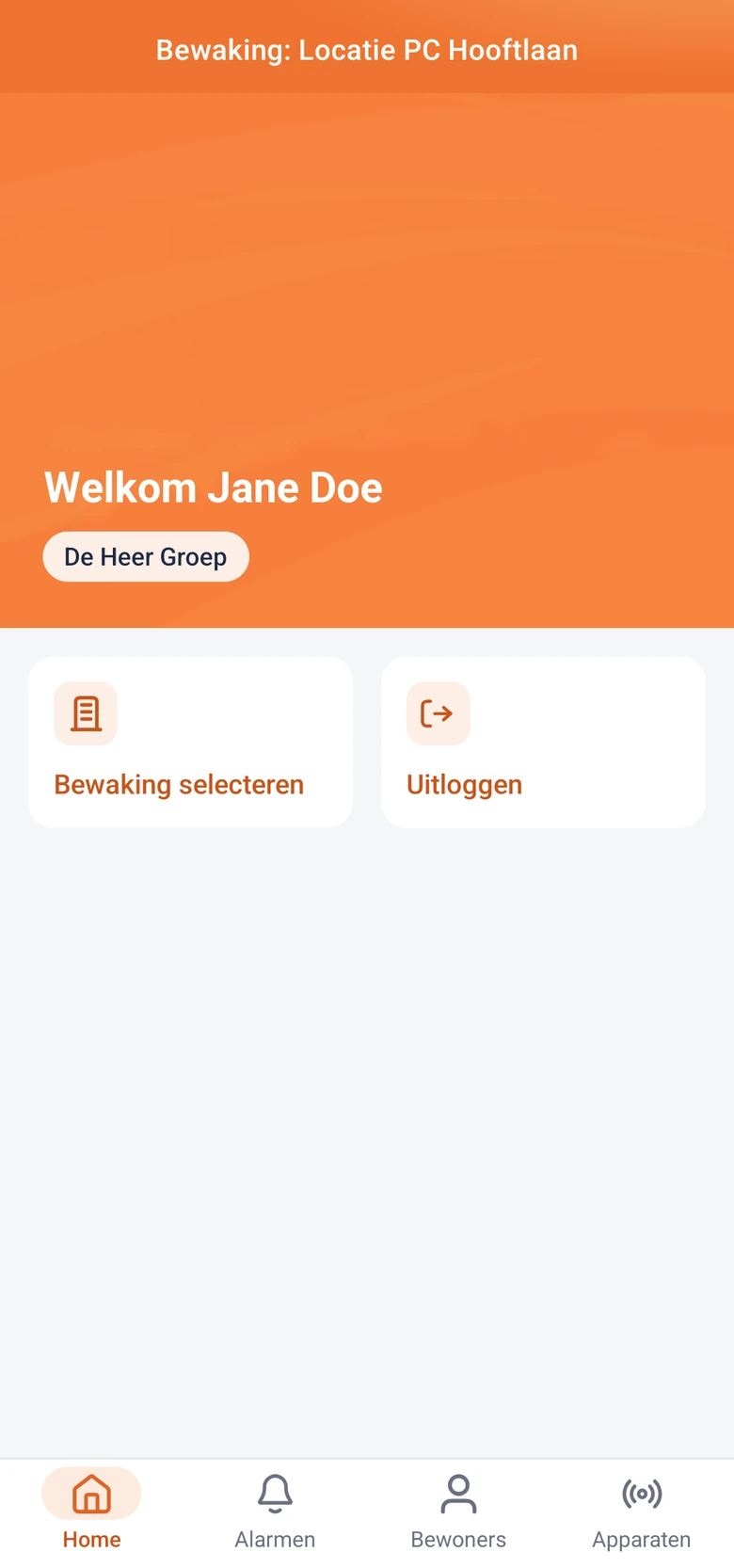 Daza Connect-app: homescherm met de knop Bewaking selecteren en de tabs Alarmen, Bewoners en Apparaten